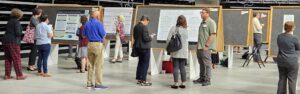 People presenting and viewing posters displayed on poster boards.