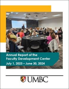 Screenshot of the cover page of the FDC Annual Report for 2023-24, showing an image of faculty seated around round tables listening to a staff member at the front of the room speaking.