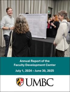 Screenshot of the cover page of the FDC Annual Report for 2024-25, showing an image of faculty members gathered around a poster displayed on a table.